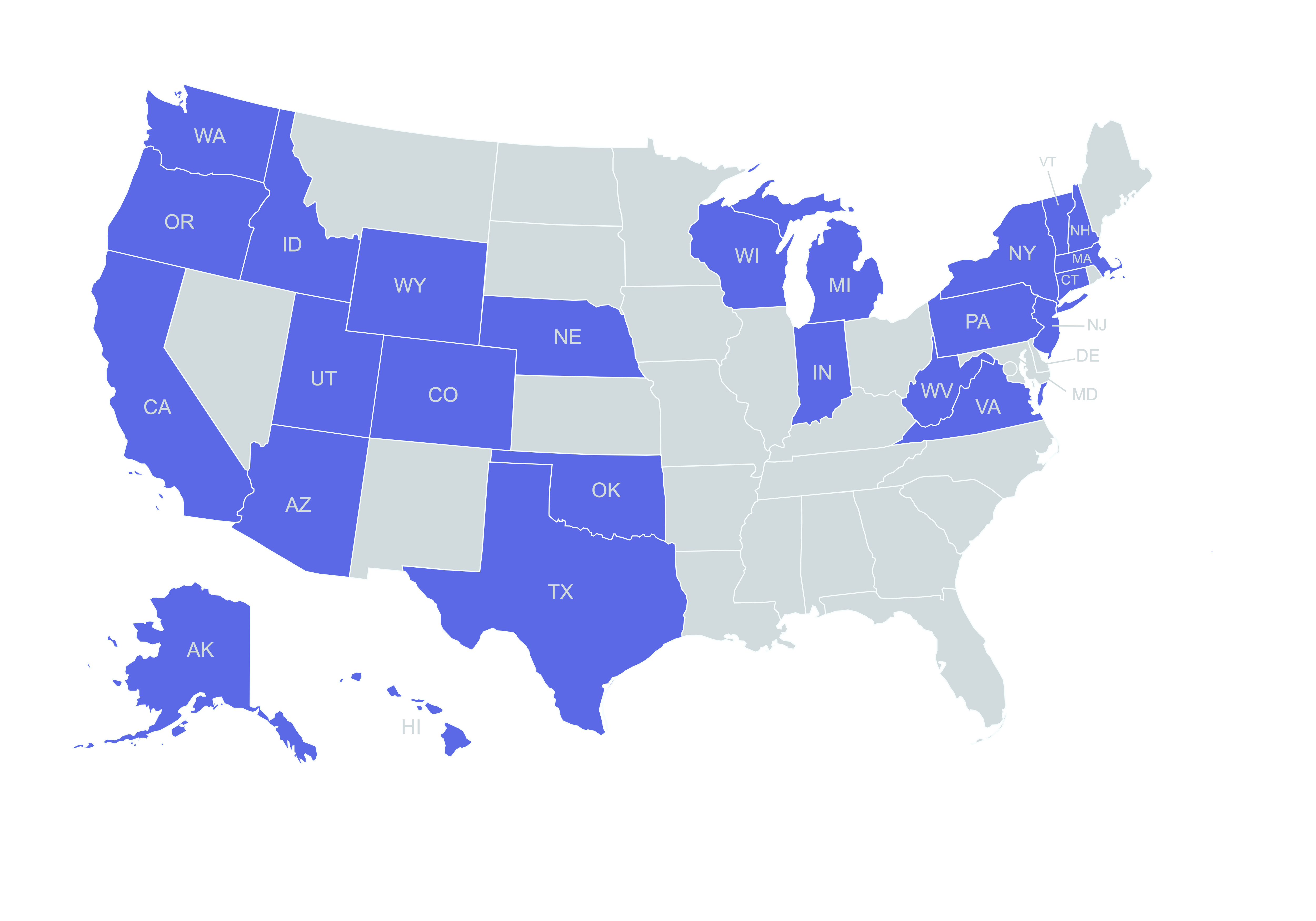 Map showing states where Hannah Kirtley is licensed for telehealth
